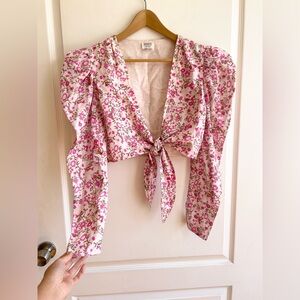 Hemant & Nandita Puff Sleeve Tie Top Pink Floral Linen Cotton Size S/M Garden